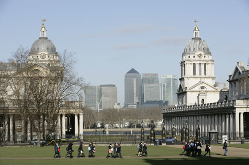 University of Greenwich - Clock Towers with Canary Wharf in background